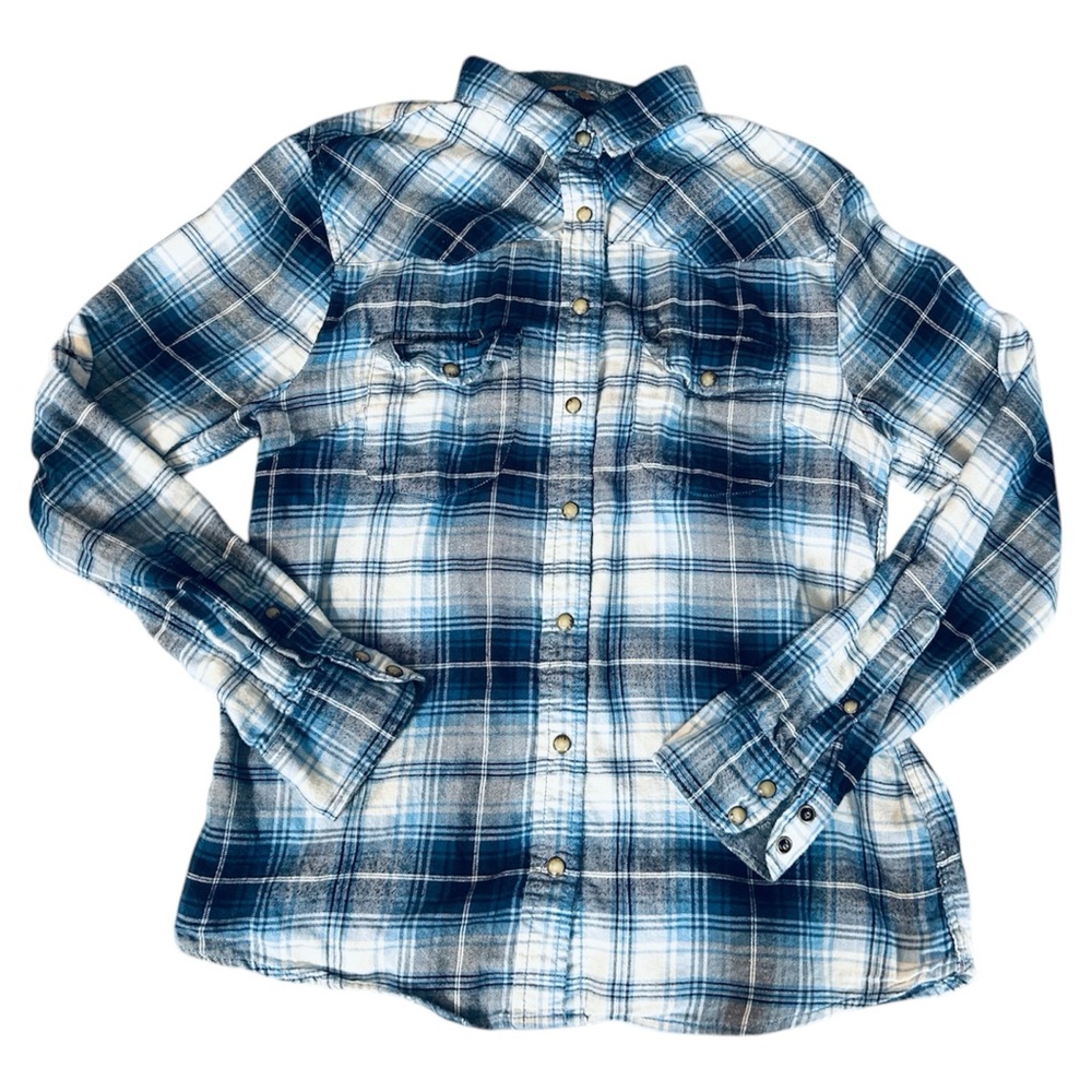 Jach's Girlfiend Blue Plaid Pearl Snap Button Down Shirt Size Small Women's
